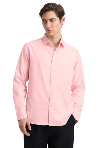 Image of SNITCH Men Formal Shirt | Tailored Slim Fit Full Sleeve Spread Collar Solid Style | Breathable Polyester Viscose Blend Twill Fabric for Office & Evening