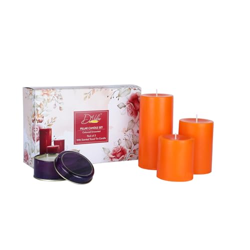 Image of D'Velas Pack of 3 Unscented Orange Pillar Candles | Burn Time 50 /65 /80 Hours | Bonus 3oz Scented Travel Tin | Long-Lasting Paraffin Wax Candles for Home Decor, Festive Use & Events