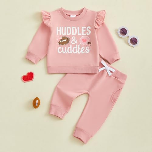 Toddler Baby Girl Fall Outfit Cute Pink Ruffle Sleeve Baby Pants Set with ​Football Huddles & Cuddles Print3