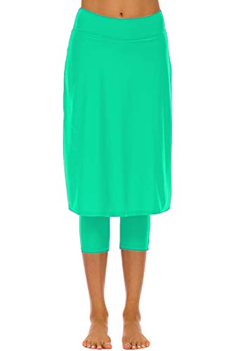Micosuza Long Swim Skirt with Attached Leggings Modest Sun Protection Sports Skirt for Women (Green, Large)