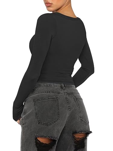 REORIA Women Sexy Long Sleeve Henley T Shirts V Neck Button up Casual Basic Y2K Slim Fitted Ribbed Knit Crop Tops4