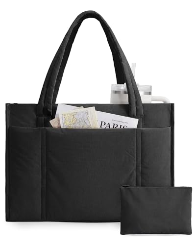 bagsmart Tote Bags for Women Lightweight Puffer Shoulder Handbag with Zipper 15.6 Inch Quilted Large Work Teacher Bag for Travel School Beach