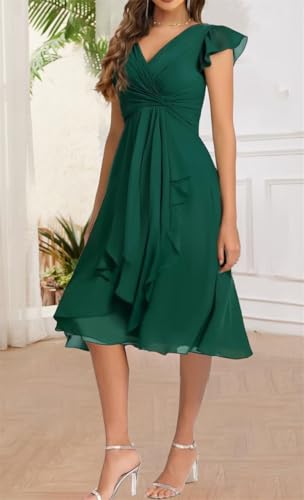 ANYSWBKN Short Sleeve Bridesmaid Dresses Pleats Chiffon Prom Formal Evening Party Homecoming Gown Tea Length HZ0772