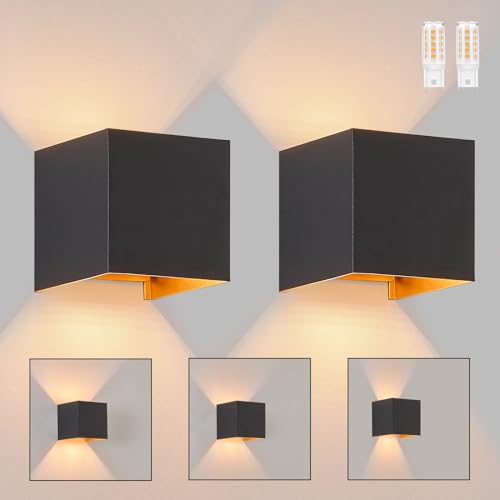 Homefire LED Wandleuchte Innen Wandlampe - 2ER Au&szlig;enwandleuchten Schwarz Gold Wandbeleuchtung Aussen Aussenlampe Up Down IP65 Wandstrahler 3000K Warmwei&szlig; Au&szlig;enleuchte G9 f&uuml;r Hauswand Treppenhaus Flur