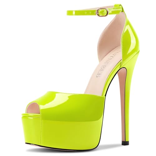 Image of TNYNFBEB Womens Stiletto High Platform Heel Peep Open Toe Sandals Ankle Strap Buckle Prom Party Dress Patent Leather 6.1 Inches Heels