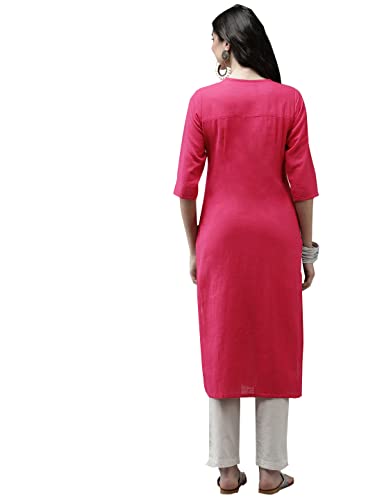 Image of ishin Women's Cotton A-Line Embroidered Beads and Stones Floral Print Pink Kurti