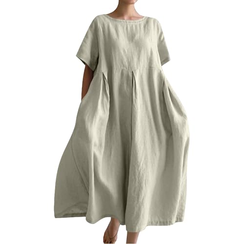 Vestidos de Lino para Mujer 2025, Vestido Informal de Lino y algodón para Mujer, Cuello Redondo, Manga Larga, Verano, Vestidos Maxi Diarios