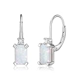 EVER FAITH Opal Dangle Drop Earrings, 925 Sterling Silver White Created Opal Gemstone Halo Rectangular October Birthstone Leverback Earring Birthday/Mother's Day Jewellery Gifts for Women Girls