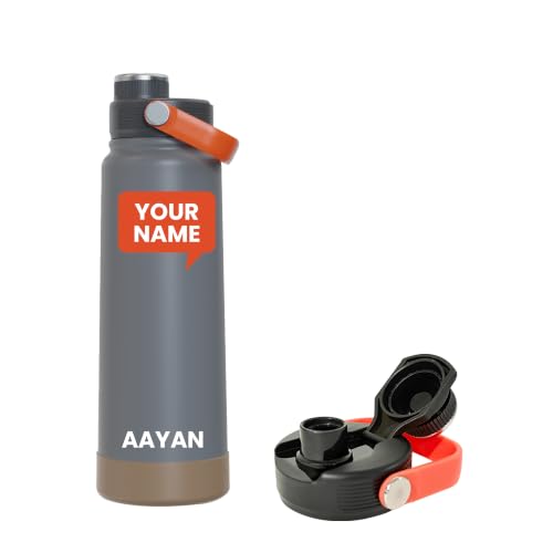 Image of Rabitat Hyde Personalized Vacuum Insulated Stainless Steel Water Bottle 1000 ml | Double Wall Vacuum Insulation|18 /8 Food Grade Steel | Leak Proof | Wide Mouth | Ring Handle | BPA Free | Phantom Black