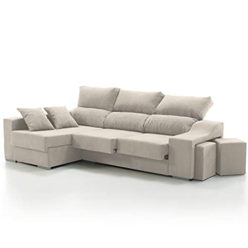 Sofá Chaise Longue Loki Izquierda 4 Plazas Arena Sistema de Limpieza ACUALINE Arcón 2 Puffs Asientos Extensibles Tejido Desenfundable