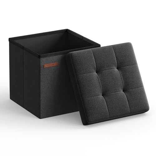 SONGMICS Storage Ottoman, Foldable Small Ottoman Foot Rest, 11.8 Inches Foot Stool, Cube Ottoman with Storage, Load up to 286 lb, for Living Room, Bedroom, Dorm, Ink Black ULSF028B01