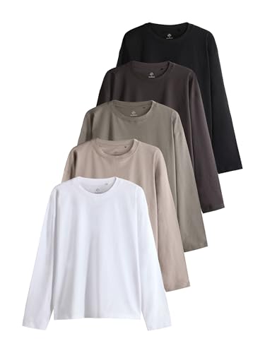 THE SET Mujeres Pack de 5 Camisetas de Manga Larga y Corte Holgado Black/Chocolate Brown/Taupe Brown/Neutral/White S