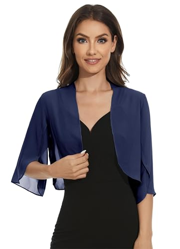 Image of Womens Chiffon 3 /4 Sleeve Shrugs Lightweight Open Front Cropped Cardigan for Dress