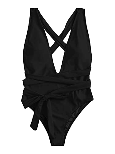 Image of Lilosy Sexy Tie Criss Cross Plunge One Piece Thong Swimsuit High Cut Brazilian Bathing Suit