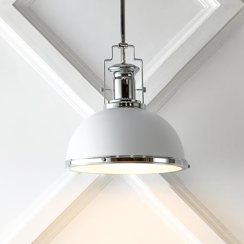 Image of JONATHAN Y Homer Industrial Dome Pendant 13 inch, White /Chrome | 1-Light, Farmhouse Style, Adjustable Hanging Height, Glass Diffuser, Sloped Ceiling Compatible, Metal, LED Bulb Included