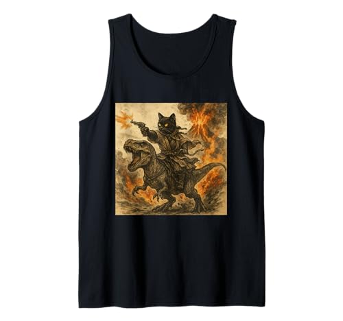 Samurai Cat Riding Dinosaur in Volcanic Eruption Art Camiseta sin Mangas