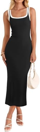 ZESICA Women's 2026 Summer Bodycon Midi Dress Casual Sleeveless Square Neck Side Slit Knit Beach Vacation Long Dresses