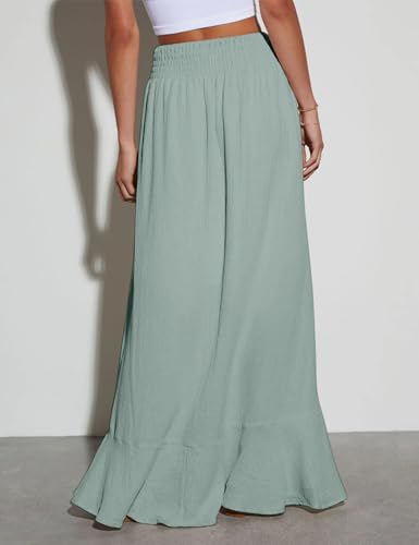 Image of Minclouse Women's Elastic Tie Waist Button Down Maxi Skirts Casual Loose Flowy Swing Slit Front Dress