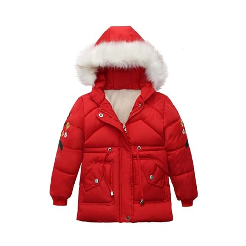 Toddler Girls Fleece Lined Puffer Jacket Faux Fur Hood Floral Embroidered Winter Coat Baby Soft Warm Outerwear