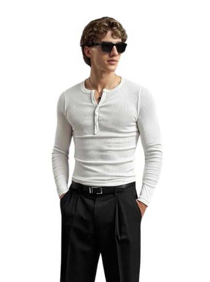 100% Cotton Off-White Muscle Fit Ribbed Henley Long Sleeves T-Shirt-image-11
