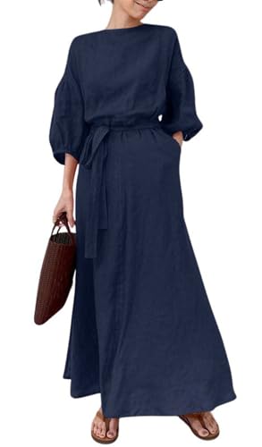 CHARTOU Women Elegant Long Dress Boat Neck 3/4 Lantern Sleeve Cotton Linen Dress with Belt