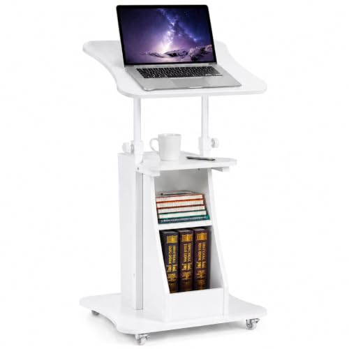 Image of POWERSTONE Sit to Stand Mobile Lectern Teacher Podium Portable Height Adjustable Podium Stand Rolling Laptop Desk Cart with Storage Shelf Swivel Top for Classroom, Concert, Church White