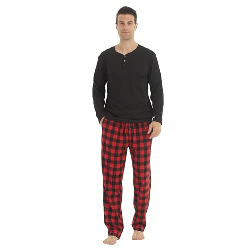 Mens Pyjamas Sets Fleece Long Sleeve Top & Plaid Pyjamas Bottoms Soft Nightwear Loungewear Warm Pjs Sets