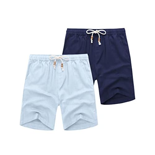COOFANDY Men's Linen Shorts Casual Elastic Waist Drawstring Summer Beach Shorts Small Light Blue/ Navy Blue