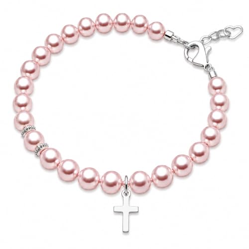 Image of Pink Pearl Bracelet, Sterling Silver Cross Charm Baptism Gifts for Girl