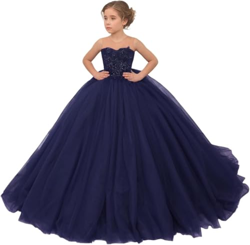 Tulle Flower Girl Dress for Wedding Beaded Lace Applique Sleeveless Pageant Dresses for Girls Formal Ball Gowns
