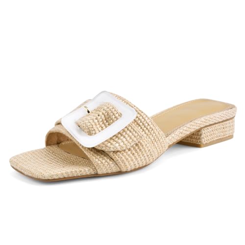 Image of Women's Slide Heeled Sandals Opened Square Toe Chunky Block Heel Slippers with Buckle Slip on Casual Comfortable Pumps