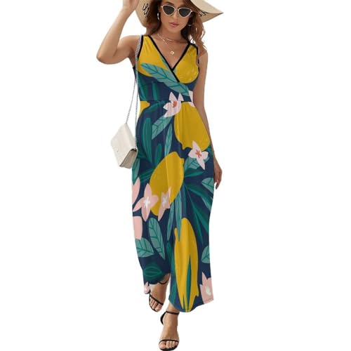 Robe Longue sans Manches Légère contre la Chaleur - Coupe Maxi Décontractée Col V Citron