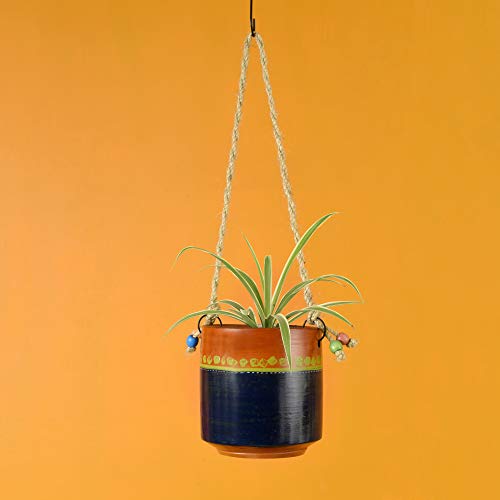 Image of AAKRITI ART CREATIONS Terracotta Hanging Planter | Blue & Brown Earthen Design with Jute Hanger, Modern Art, Matte Finish | Decorative Hanging Pot for Indoor & Outdoor Home Decor