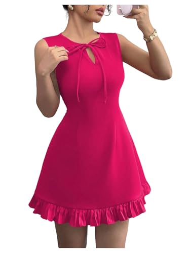 Milumia Women's Bow Tie Front Mini Tank Dress Elegant Cut Out Ruffle Hem Short Dresses Hot Pink X-Small