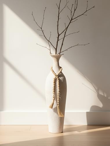 Sziqiqi Jarrones Altos Blancos de Piso: Rústico Jarrones Grandes de 60cm con Cuentas Boho para Planta Artificial Hierba Pampas - Jarrón Extra Grande de Metal para Decoración del Sala Interior Chimenea