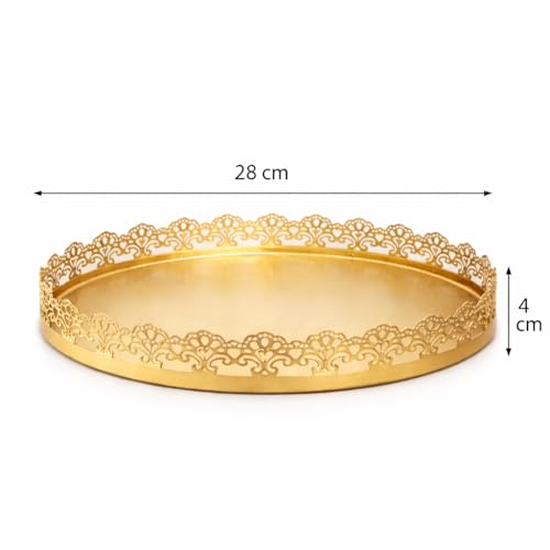 Image of Gold Finish Decorative Metal Tray | Multipurpose Serving & Vanity Tray | Premium Cutwork Design | Home Decor Organizer | 28 x 4 cm (Gold)