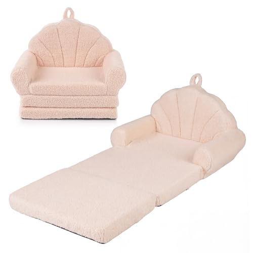 GOPLUS Canapé-Lit Enfant Pliable, Fauteuil Enfant Convertible en Forme de Coquillage, avec Accoudoirs, Poignée, Fauteuil Bebe Doux en Polaire Teddy pour...