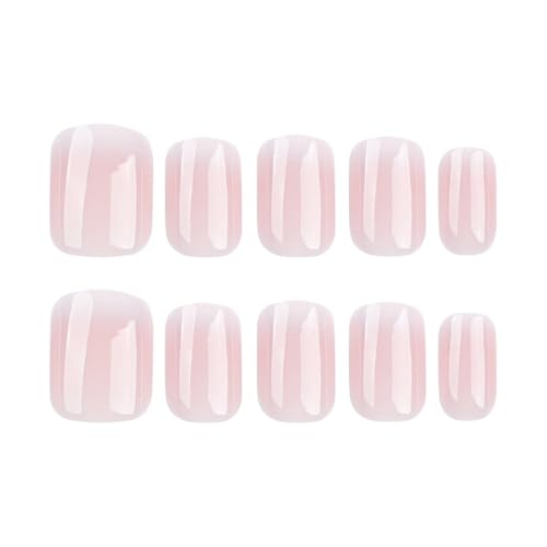 White French Tip Press on Nails Short Square Shaped Fake Nail with Gradient False Nails Designs Glossy Pink Acrylic Nails Full Cover Stick on Nails for Women Nail Art Manicure 24 Pcs - Thumbnail 4