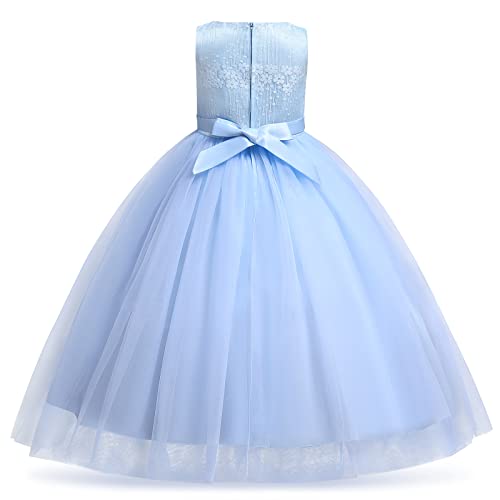 Vestido de niña de flores azul largo con lazo y lentejuelas para boda y baile 3