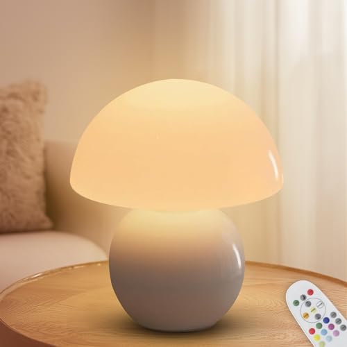 KARTOOSH Cordless Cute Mushroom Lamp with Remote Control, Cordless Lamps for Tables, 9 RGB, 3 Color Temperature, Stepless Dimmable, Timer, Memory, Unique Aesthetic Home Decor for Living Room (White)