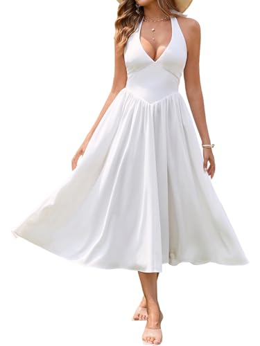 Parthea Women's Summer Midi Dress Smocked White Halter V Neck Sundress Elegant Flowy A Line Beach Long Dresses