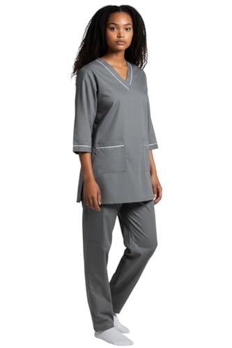 DEEs fashion Professional Scrub Medical Uniform with Piping Housemaid uniform 3/4 Sleeve Top and Pants Set (grey L)