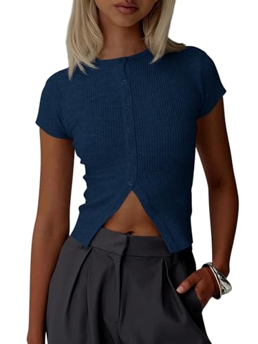 Image of Imily Bela Womens Short Sleeve Sweater Tops Summer Button Down Casual Ribbed Knit Slim Fit Cropped Cardigan Shirts
