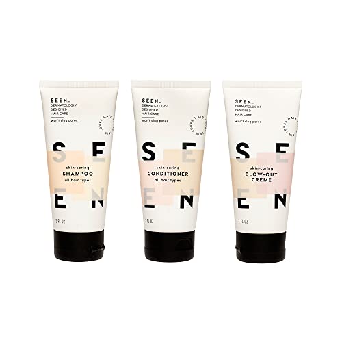 Seen Travel Trio - Non-Comedogenic & Sulfate-Free Blow-Out Hair Cream, Shampoo & Conditioner Set- Reduces Frizz- Heat Protectant- Safe For Sensitive & Eczema Prone Skin #TOP1