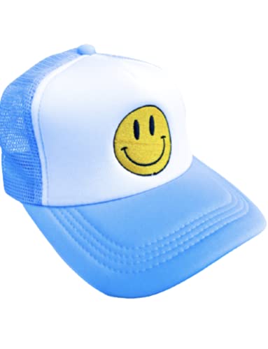 Smiley Face Trucker Hat, Trendy Cute Preppy y2k Smile Yellow Emoji Patch Embroidered Adjustable Baseball Cap Snapback Hat , with Foam Front, Mesh Back, One Size Fits All ,for Women, Men, Kids, Teens, Teen girls , Adults in Light Blue and White