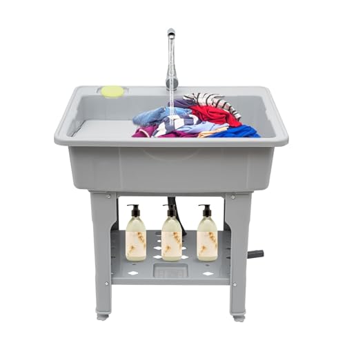 Fregadero de lavandería para el hogar, estación de lavado para interiores y exteriores, fregadero de plástico independiente de 31.5 pulgadas, con tabla de lavado, grifo giratorio de 360° para