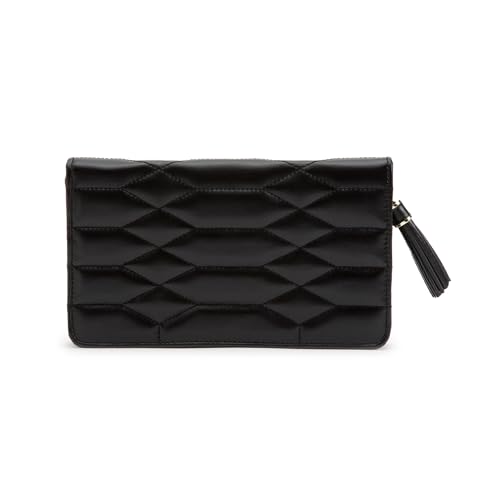 WOLF Caroline Jewelry Portfolio, Black - 13 Earring Holes, One Ring Roll, Two Compartments, Four Necklace Holders & Pocket - Anti-Tarnish LusterLoc Lining