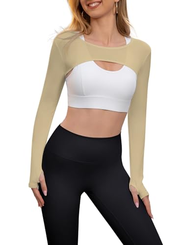 Image of Women Long Sleeve Crop Top Bolero Thumbhole Workout Cropped Shirts Sports Shrug