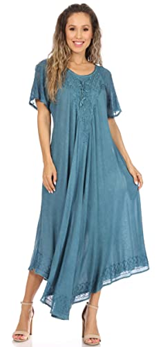 Image of Sakkas Egan Long Embroidered Caftan Dress /Cover Up with Embroidered Cap Sleeves
