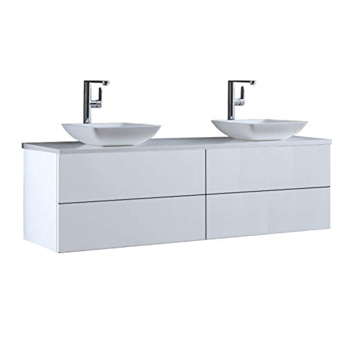 StoneArt Badmöbel Set mit Mineralguss Waschbecken Waschschale Aufsatzwaschbecken und Unterschrank Waschtisch Einzel- oder Doppelwaschbecken Brugge BU-1601pro-2 weiß 160cm